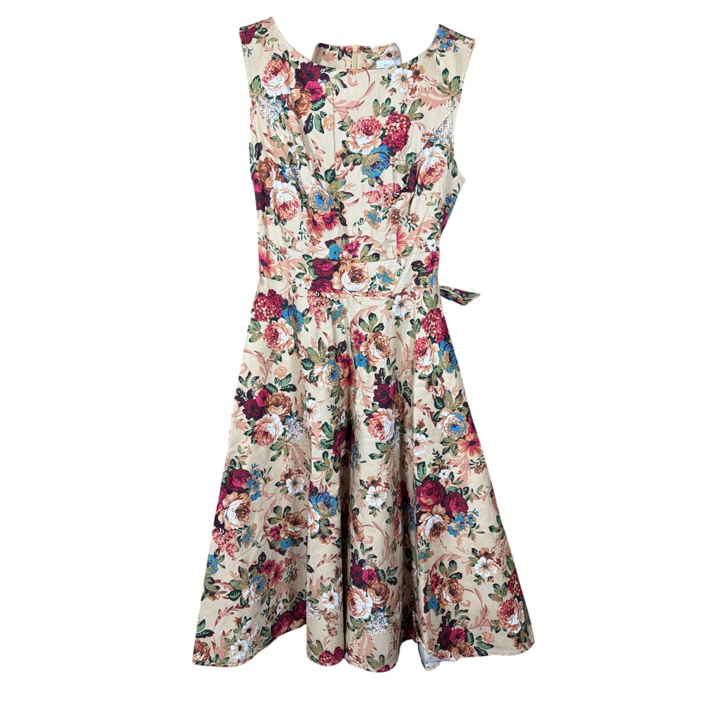Miss Lulo Dress Womens M Fit and Flare Tan Floral Sleeveless Cotton Stretch